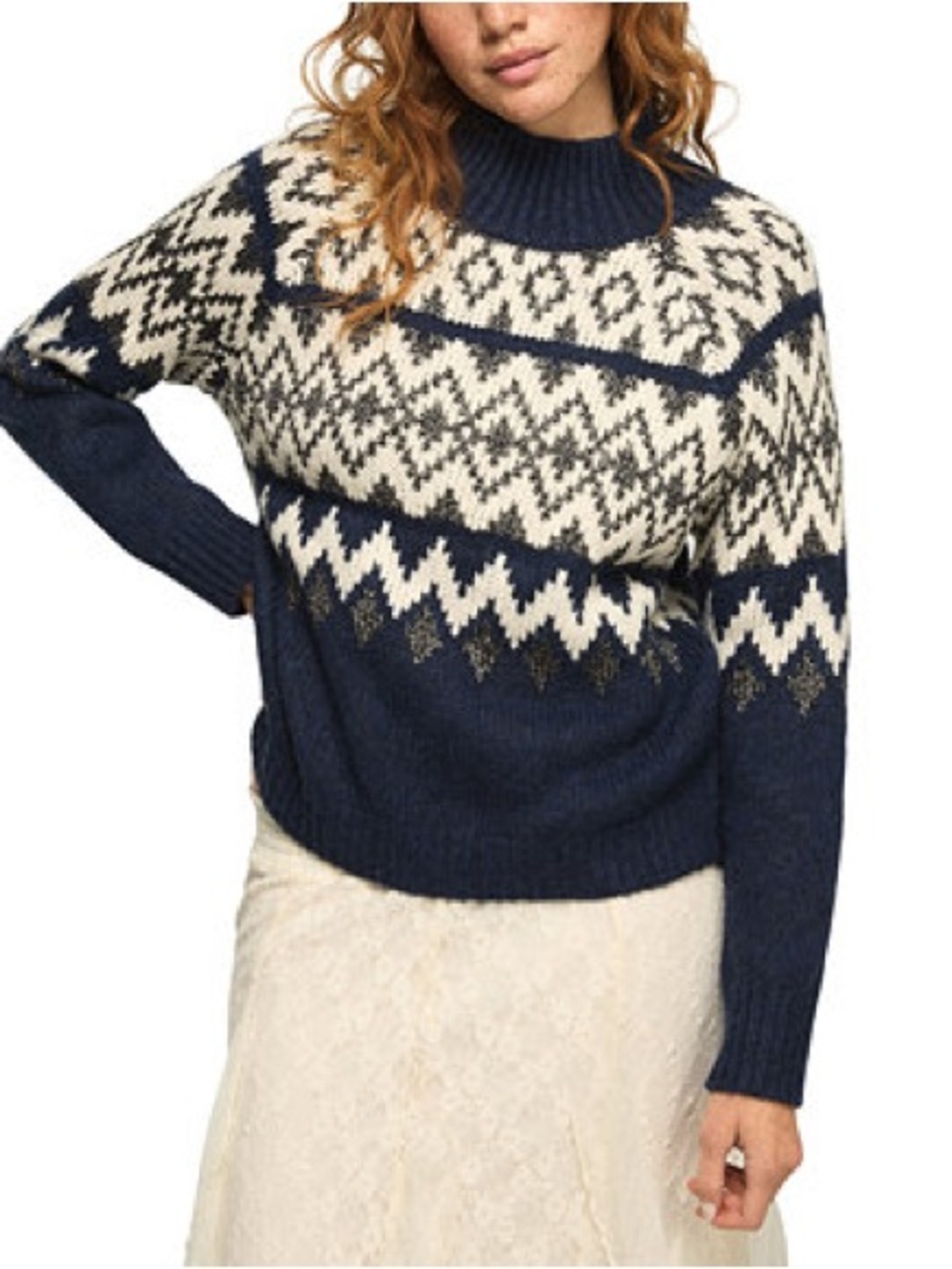 Lucky Brand Women’s Fair Isle Mock Neck Dark Blue Heather Knit Sweater Medium